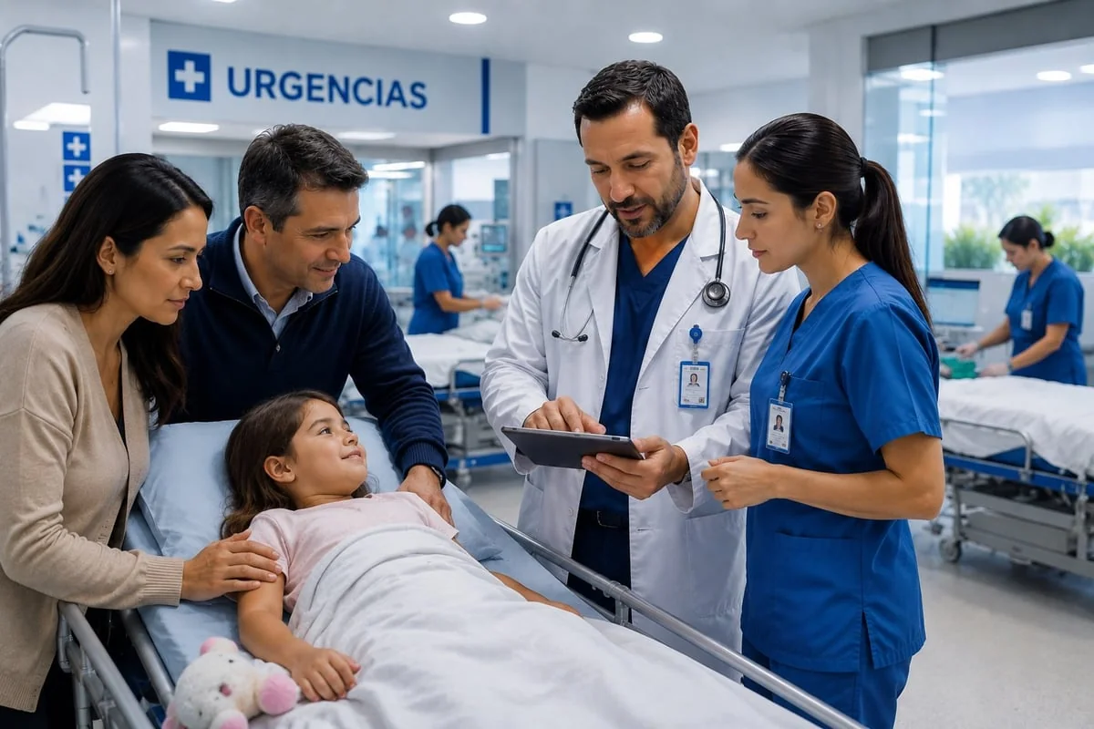 Atención de urgencias en un seguro privado: médico y enfermera examinan a un niño en la sala de emergencias con sus padres