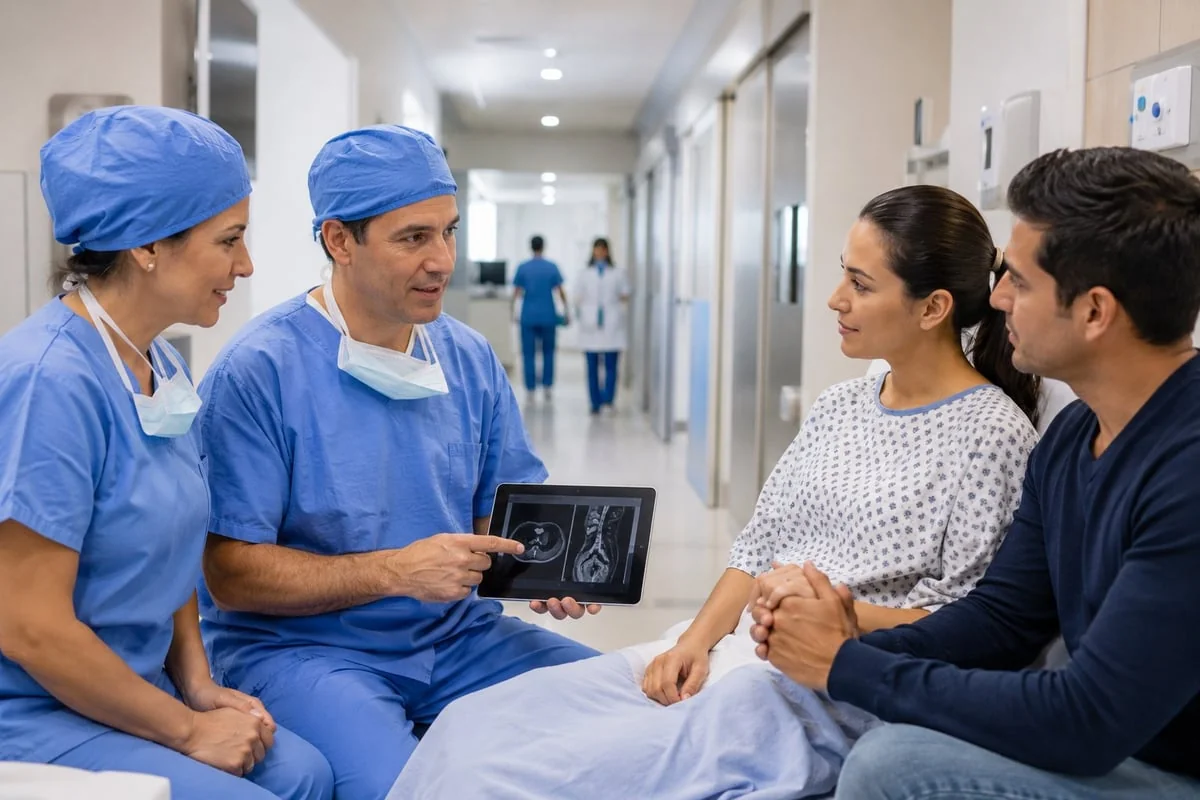 Cirujanos revisan una radiografía con una pareja: el seguro privado de salud respalda cada etapa de una cirugía.